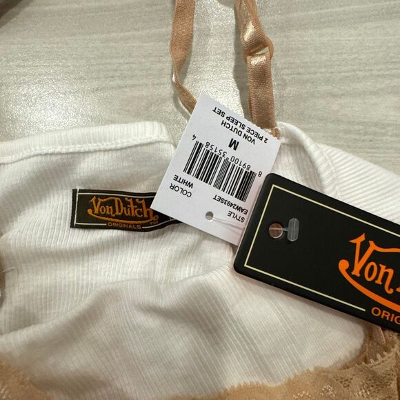 NWT Von Dutch pajama set size medium   Peach cream gingham plaid with lace top a - Picture 5 of 9